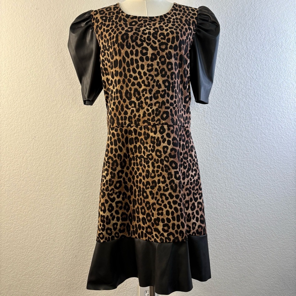 MICHAEL Michael Kors Leopard Print Dress w/ Faux Leather Puff Sleeves – Size L